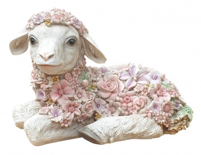 Dekofigur Schaf liegend mit Blumen Gartendeko Tierfigur Lamm Schäfchen Osterlamm