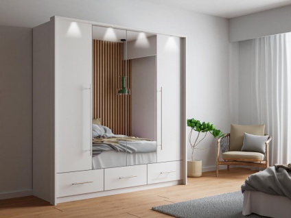 Kleiderschrank mit Spiegel & LEDs - 2 Türen & 3 Schubladen - B. 255 cm - Weiß - SINALIA