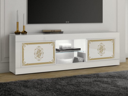 TV Möbel mit 2 Türen & 2 Fächer + LEDs - Weiß & Goldfarben - PULINO