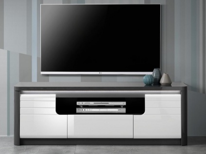 TV-Möbel mit 2 Türen & 1 Schublade + LEDs - Grau & Weiß - PERCEPTION