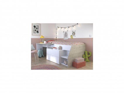 PARISOT Kinderbett mit Schreibtisch & Stauraum GISELE - 90 x 200 cm - Weiß & Eiche