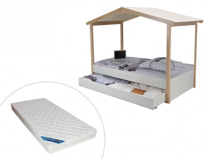 Kinderbett Hausbett HOMYLAND mit Schublade - 90 x 190 cm - Weiß & Eiche + Matratze