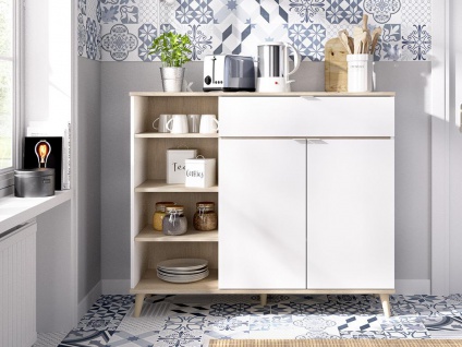 Küchenschrank mit 2 Türen, 1 Schublade & 4 Ablagen - Weiß & Eichefarben - WAJDI