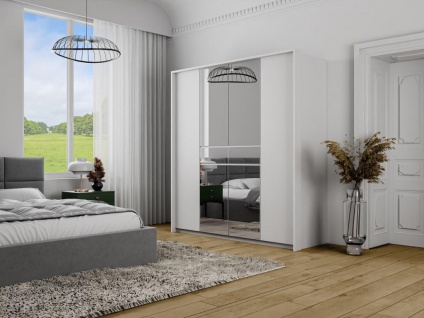 Kleiderschrank mit 6 Türen & 1 Schublade + Spiegel - B. 200 cm - Weiß - ZADIA