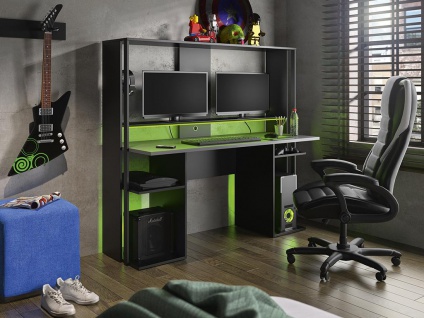 Gaming-Schreibtisch STANDA mit Stauraum & LED-Beleuchtung - Schwarz