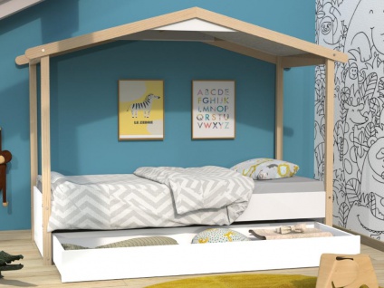 Kinderbett Hausbett HOMYLAND mit Schublade - 90 x 190 cm - Weiß & Eiche