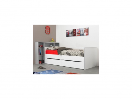 Bett mit integriertem Regal & Schubladen - 90 x 200 cm - Weiß & Grau - OSCAR