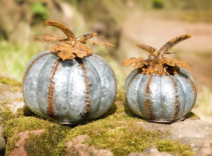 2x Kürbis aus Metall, silber + Rost, Halloween Herbst Deko Figur Obst