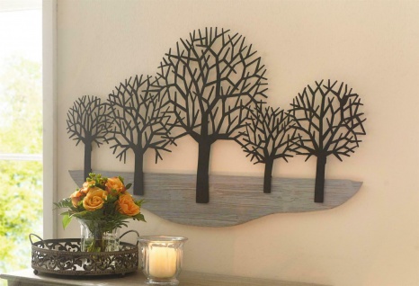 3D Wand Bild Bäume aus Metall & Holz 100x59 cm, Schmuck Deko Verzierung Blüten