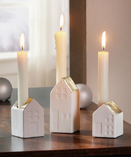 3 Kerzenhalter " Häuschen" aus Porzellan, weiß + gold, Kerzenständer