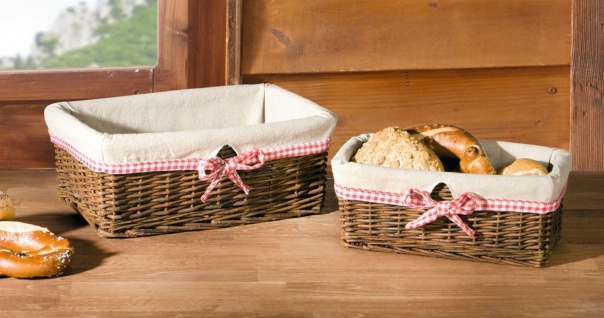 Brötchen Obst Bad Korb Set mit Stoff Einlage 2x Brot Körbchen aus Weide braun