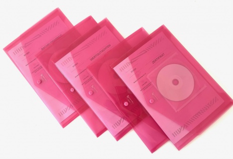 50 Dokumenten Taschen mit CD Fach A4 quer, transparent pink, Papier Sammel Mappe