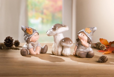 2 Wichtel Kinder mit Pilzen aus Terracotta, Junge & Mädchen, Herbst Deko, Zwerge