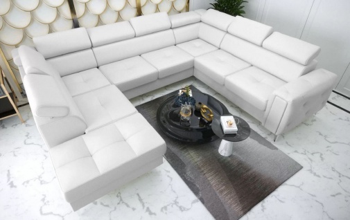 Casa Padrino Luxus Leder Wohnlandschaft Weiß / Silber 350 x 255 x H. 78-99 cm - Naturleder U-Form Sofa mit verstellbaren Kopfstützen - Wohnzimmer Möbel - Leder Möbel - Luxus Möbel