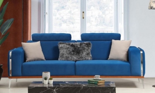 Casa Padrino Luxus Wohnzimmer Sofa mit verstellbarer Rückenlehne Blau / Braun / Silber 225 x 95 x H. 89 cm - Luxus Wohnzimmer Möbel