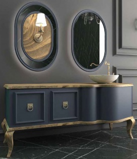 Casa Padrino Luxus Barock Badezimmer Set Naturfarben / Blau - 1 Waschtisch mit 2 Türen und 1 Waschbecken und 2 Wandspiegel - Prunkvolle Badezimmermöbel