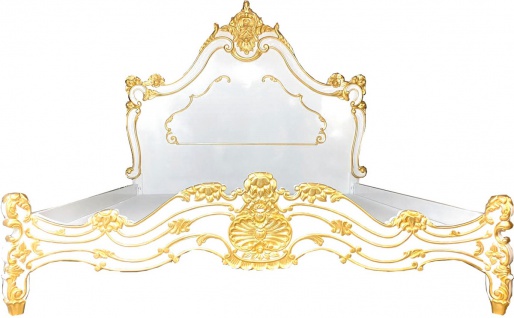 Casa Padrino Luxus Barock Doppelbett Weiß / Gold - Edles Massivholz Bett mit Kopfteil - Prunkvolle Schlafzimmer Möbel im Barockstil