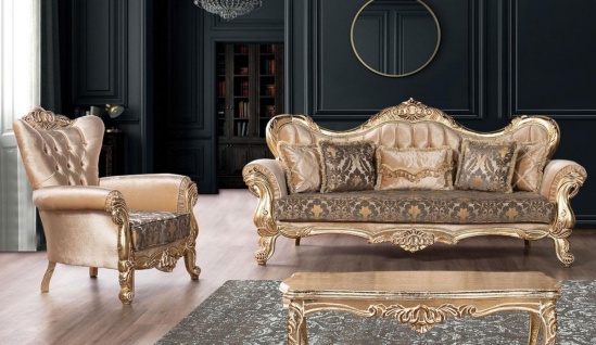 Casa Padrino Luxus Barock Wohnzimmer Set Beige / Schwarz / Gold - 2 Barock Sofas mit Muster & 2 Barock Sessel mit Muster & 1 Barock Couchtisch - Barock Wohnzimmer Möbel