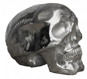 Casa Padrino Designer Skull Mod1S silber Höhe 13 cm, Breite 9 cm, Tiefe 16, 5 cm, Totenkopf - edle Skulptur aus Aluminium vernickelt