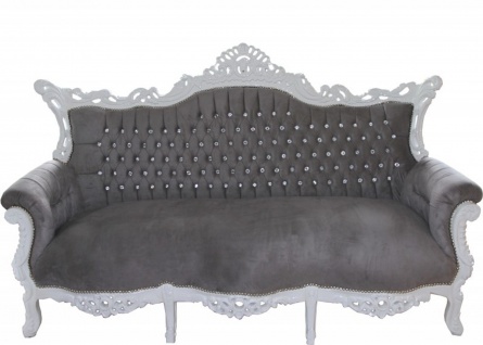 Casa Padrino Barock 3-er Sofa Master Grau / Weiß mit Bling Bling Glitzersteinen - Wohnzimmer Möbel Couch Lounge