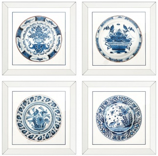 Casa Padrino Bilder / Kunstdruck 4er Set Antike Chinesische Porzellan Teller Weiß / Blau 80 x H. 80 cm - Luxus Wanddekoration