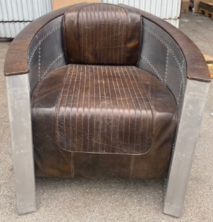 Casa Padrino Luxus Art Deco Leder Sessel Vintage Dunkelbraun / Silber - Aluminium Wohnzimmer Sessel mit hochwertigem Echtleder - Lounge Sessel - Flugzeug Flieger Echtleder Möbel
