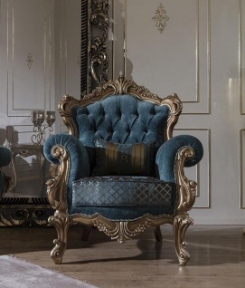 Casa Padrino Luxus Barock Sessel Blau / Gold 97 x 90 x H. 115 cm - Wohnzimmer Sessel mit elegantem Muster und dekorativem Kissen - Barock Wohnzimmer Möbel