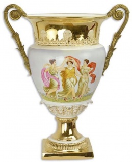 Casa Padrino Barock Deko Vase Weiß / Mehrfarbig / Gold 46, 4 x 32 x H. 56, 7 cm - Prunkvolle Porzellan Blumenvase mit 2 Bronze Griffen - Deko Accessoires im Barockstil - Vorschau 