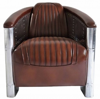 Casa Padrino Luxus Art Deco Echtleder Sessel Dunkelbraun / Silber 90 x 72 x H. 68 cm - Aluminium Sessel mit hochwertigem Leder - Lounge Sessel - Aluminium Flugzeug Flieger Sessel Möbel