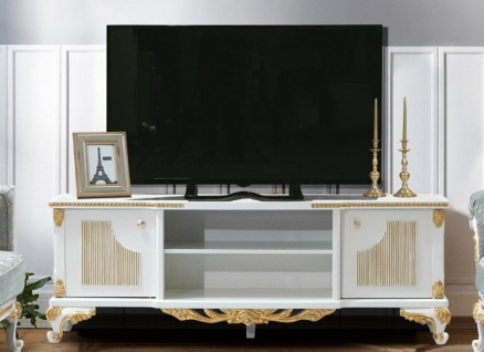 Casa Padrino Luxus Barock TV Schrank Weiß / Gold - Handgefertigtes Massivholz Sideboard mit 2 Türen - Barock Wohnzimmer Möbel - Vorschau 