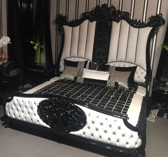 Casa Padrino Luxus Barock Doppelbett Schwarz / Weiß - Edles Massivholz Bett mit Kopfteil - Prunkvolle Schlafzimmer Möbel im Barockstil
