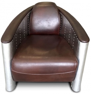 Casa Padrino Luxus Art Deco Leder Sessel 80 x 95 x H. 90 cm - Verschiedene Farben - Aluminium Wohnzimmer Sessel mit Echtleder - Aluminium Flugzeug Flieger Sessel Möbel