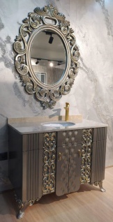 Casa Padrino Barock Badezimmer Set Silber / Gold / Creme - 1 Waschtisch mit Marmorplatte und Keramik Waschbecken & 1 Wandspiegel - Prunkvolle Barock Badezimmer Möbel