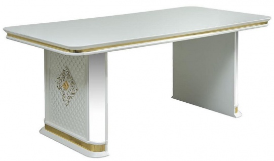 Casa Padrino Luxus Art Deco Esstisch Weiß / Gold - Handgefertigter Massivholz Küchentisch mit Spiegelglas - Art Deco Esszimmer Möbel
