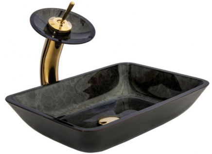 Casa Padrino Designer Waschtisch Set Schwarz / Grün / Gold 46 x 33 x H. 30 cm - Einhebel Wasserhahn mit Glas Waschbecken - Luxus Bad Zubehör