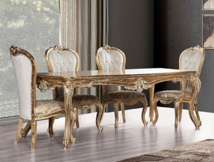 Casa Padrino Luxus Barock Esszimmer Set Weiß / Gold / Antik Gold - 1 Barock Esstisch & 6 Barock Esszimmerstühle - Esszimmer Möbel im Barockstil - Edel & Prunkvoll
