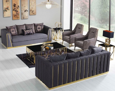 Casa Padrino Luxus Wohnzimmer Set Lila / Gold - 2 Sofas & 2 Sessel & 1 Couchtisch - Moderne Wohnzimmer Möbel - Luxus Qualität