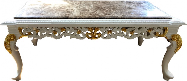 Casa Padrino Barock Couchtisch Weiß / Gold / Grau - Handgefertigter Massivholz Wohnzimmertisch mit Marmorplatte - Barock Möbel