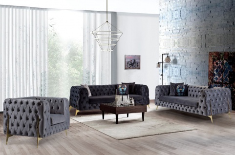 Casa Padrino Luxus Chesterfield Samt Sofa Grau / Messing 240 x 95 x H. 81 cm - Modernes Wohnzimmer Sofa - Chesterfield Möbel - Vorschau 4