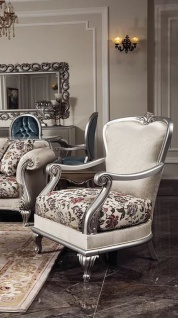 Casa Padrino Luxus Barock Sessel Creme / Beige / Silber 77 x 66 x H. 108 cm - Edler Wohnzimmer Sessel mit Blumenmuster - Barock Wohnzimmer Möbel