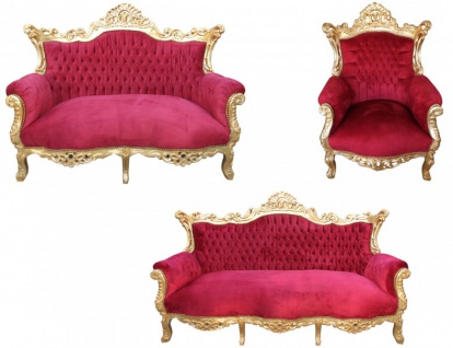 Casa Padrino Barock Wohnzimmer Set Master Bordoaux Rot/ Gold - 3er Sofa+2er Sofa + 1 Sessel
