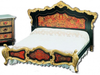 Casa Padrino Luxus Barock Boulle Doppelbett Schwarz / Rot / Gold 225 x 230 x H. 150 cm - Prunkvolles Massivholz Bett mit Kopfteil - Edle Barock Schlafzimmer Möbel