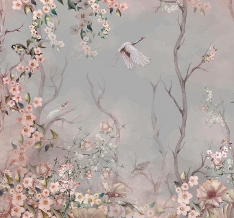 Casa Padrino Luxus Vorhang Set Vögel im Wald Hellgrau / Mehrfarbig 250 x H. 290 cm - Bedruckte Leinen & Samt Vorhänge - Ösenvorhänge - Schiebevorhänge - Luxus Qualität 2