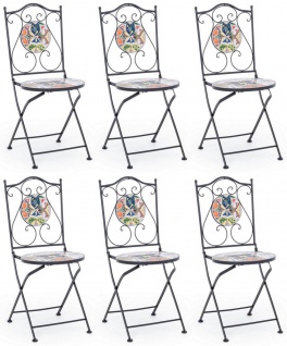 Casa Padrino Jugendstil Gartenstuhl 6er Set Schwarz / Mehrfarbig 39 x 47 x H. 92 cm - Klappbare Stühle mit edlen Keramik Platten - Nostalgische Garten & Gastronomie Möbel
