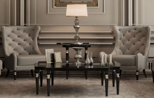 Casa Padrino Luxus Art Deco Couchtisch Schwarz / Silber 130 x 130 x H. 45 cm - Art Deco Wohnzimmertisch - Art Deco Wohnzimmer Möbel - Luxus Qualität