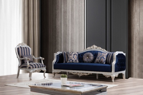 Casa Padrino Luxus Barock Sofa Blau / Silber / Gold 228 x 90 x H. 110 cm - Wohnzimmer Sofa im Barockstil - Barock Möbel - Edel & Prunkvoll 2
