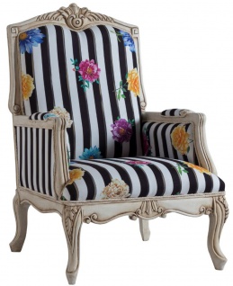 Casa Padrino Luxus Barock Sessel Schwarz / Weiß / Mehrfarbig / Antik Cremefarben 72 x 71 x H. 114 cm - Gestreifter Barockstil Sessel mit Blumenmuster - Barock Wohnzimmer Möbel 1