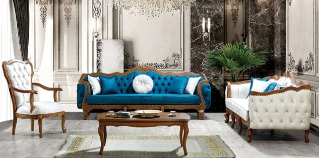 Casa Padrino Luxus Barock Wohnzimmer Set Blau / Weiß / Braun - 2 Sofas & 2 Sessel & 1 Couchtisch - Wohnzimmer Möbel im Barockstil - Edel & Prunkvoll