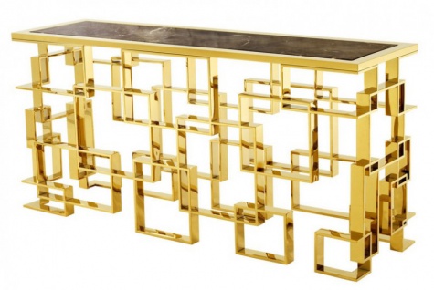Casa Padrino Art Deco Luxus Konsole Edelstahl / Gold Finish mit Marmorplatte 150 x 60 x H. 77 cm - Konsolen Tisch - Sekretär Konsole - Telefontisch - Hotel Möbel