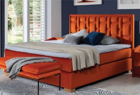 Casa Padrino Luxus Doppelbett Orange / Naturfarben - Modernes Massivholz Bett mit Kopfteil und Matratze - Moderne Schlafzimmer Möbel - Luxus Kollektion